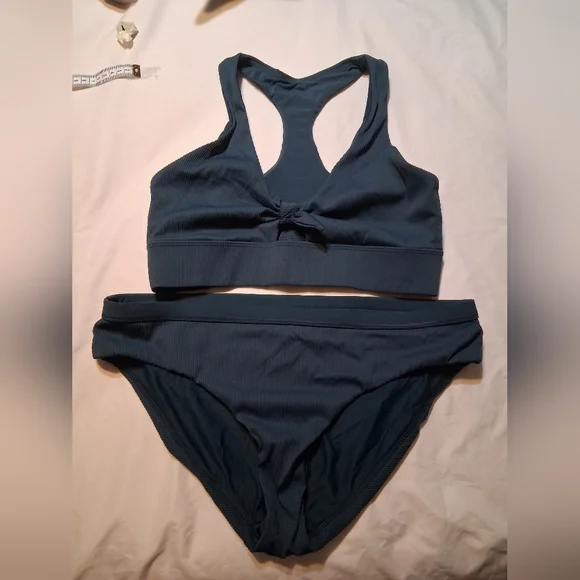 CALIA by Carrie Underwood Ribbed Tie-Front Bikini Set - Teal Green - Size Medium - Picture 3 of 12